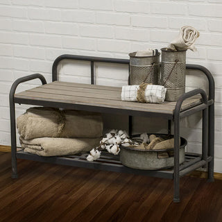  industrial metal wood bench with open shelf basket storage