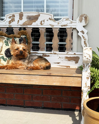 Distressed White Wood Spindle Bench with Arms | Indoor/Outdoor