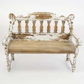Wooden bench with white distressed finish on a white background