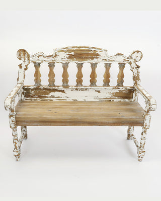 Distressed White Wood Spindle Bench with Arms | Indoor/Outdoor