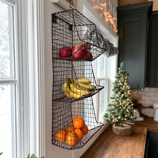 Rustic metal wall fruit basket in kitchen decor