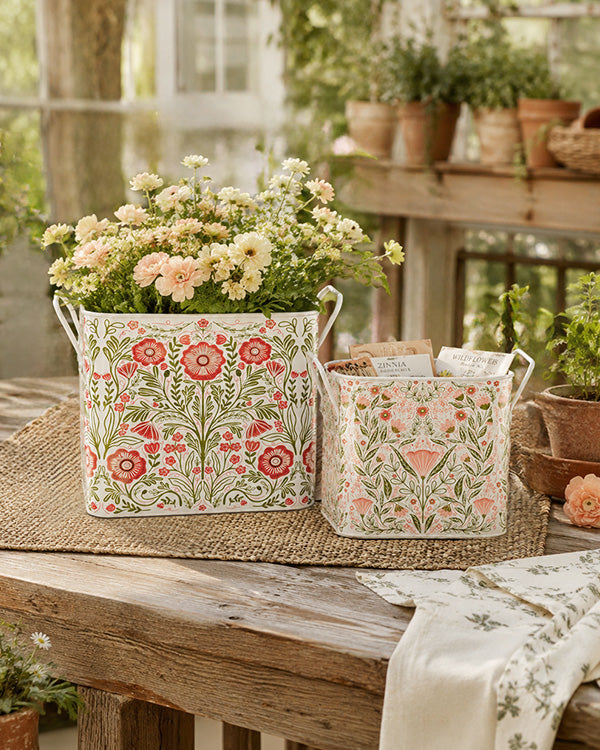 Botanical Folk Art Metal Storage Bins, Set of 2