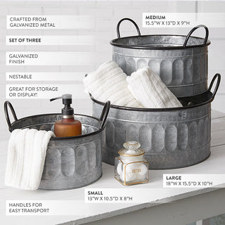 Galvanized Metal Nesting Bins with Handles, Set of Three