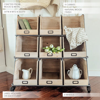Nine-cubby wooden storage shelf with wheels and label holders