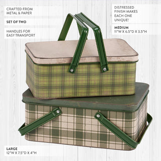 Vintage Plaid Storage Bins with Handles, Set of 2