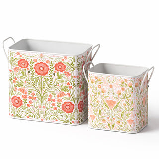 Set of two floral metal storage bins
