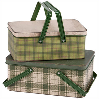 Vintage Plaid Storage Bins with Handles, Set of 2