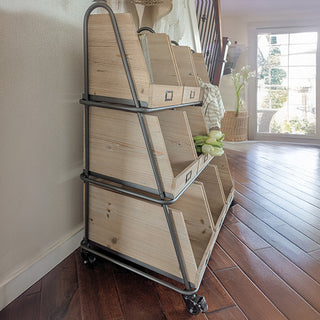 Side view rolling wood cubby organizer with metal frame