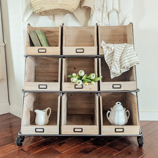 Farmhouse nine-cubby rolling storage shelf for home decor