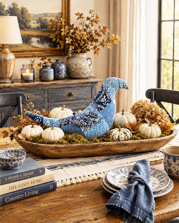 Indigo Blue Patchwork Plush Bird with Floral Paisley Fabric