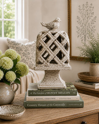 Distressed Cement Bird Lattice Cloche Sculpture on Pedestal