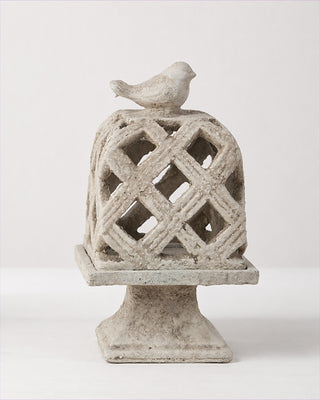 Distressed Cement Bird Lattice Cloche Sculpture on Pedestal