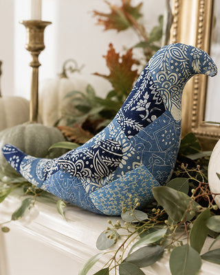 Indigo Blue Patchwork Plush Bird with Floral Paisley Fabric