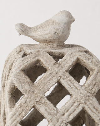 Distressed Cement Bird Lattice Cloche Sculpture on Pedestal