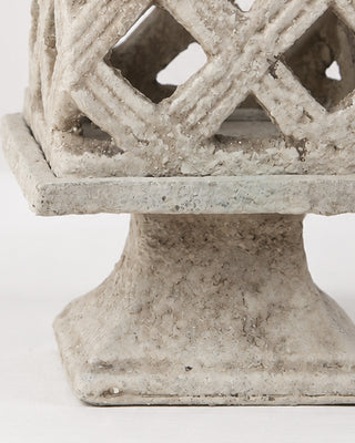 Distressed Cement Bird Lattice Cloche Sculpture on Pedestal