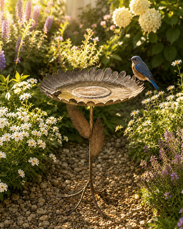 Outdoor Aged Metal Flower Birdbath 22 Inch