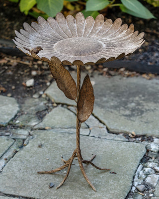 Outdoor Aged Metal Flower Birdbath 22 Inch