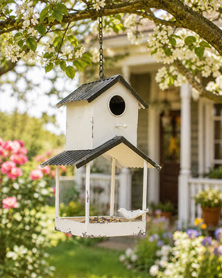 Black and White Functioning Birdhouse with Feeder