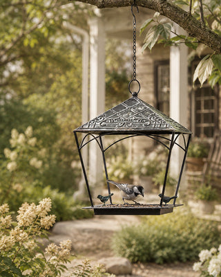 Aged Black Metal Hanging Bird Feeder with Two Sculpted Birds