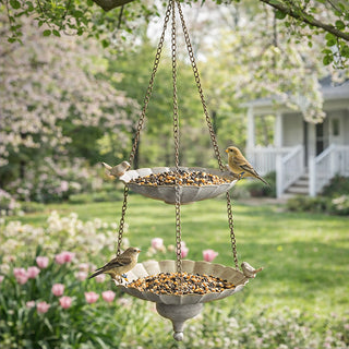 Two-tier hanging bird feeder with scalloped edges displayed in spring garden with songbirds feeding and pink tulips in background