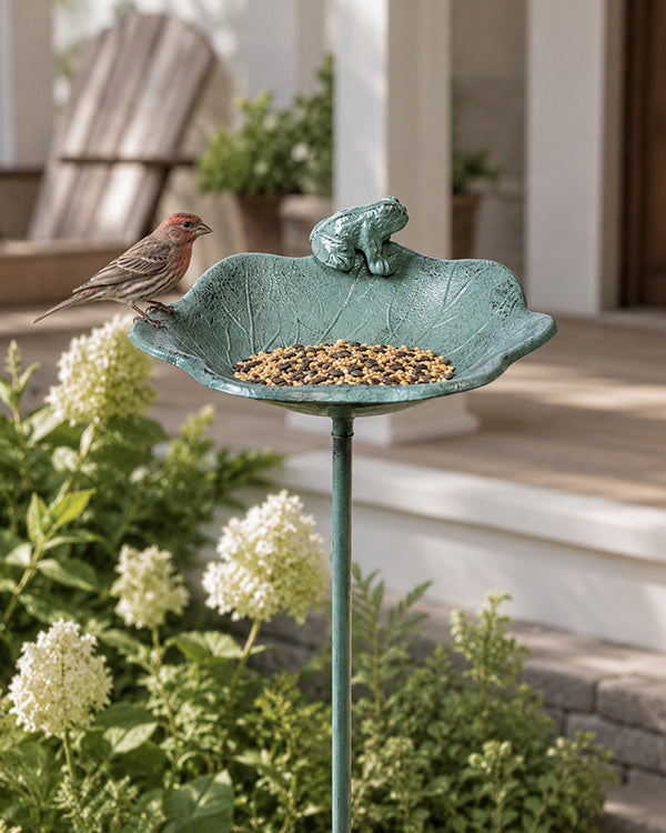 Outdoor Whimsical Iron Frog on Lily Pad Birdfeeder