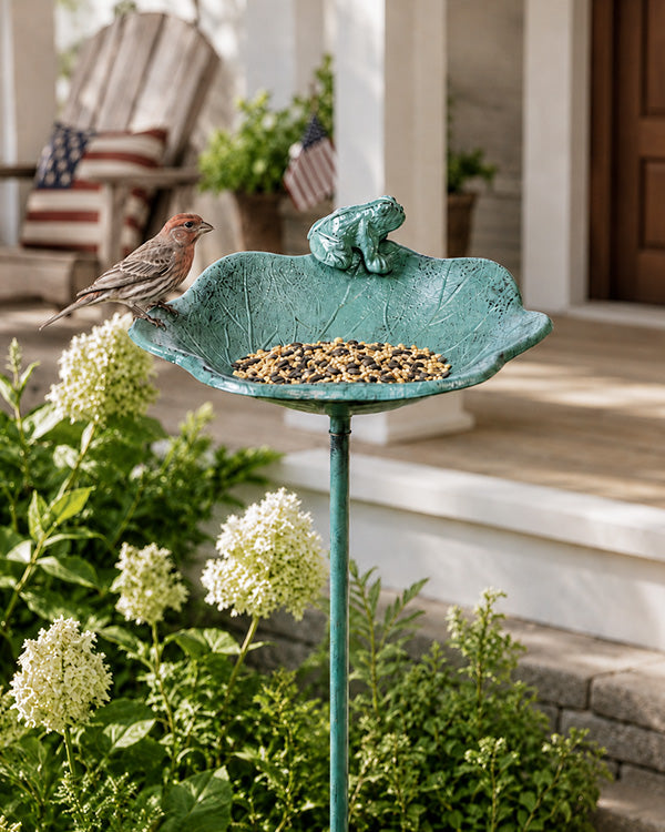 Outdoor Whimsical Iron Frog on Lily Pad Birdfeeder