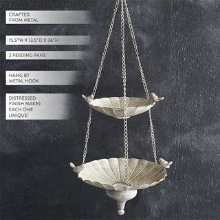 Product specifications showing distressed metal two-tier bird feeder with dimensions 15.5"W x 13.5"D x 36"H and metal hook hanging chain