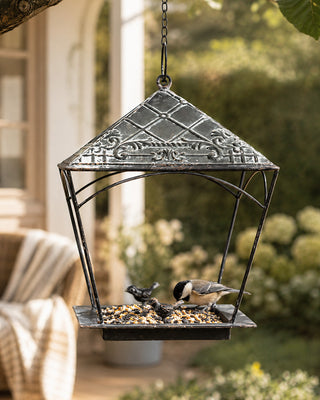 Aged Black Metal Hanging Bird Feeder with Two Sculpted Birds