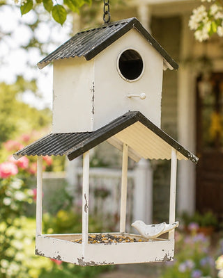 Black and White Functioning Birdhouse with Feeder