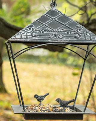 Aged Black Metal Hanging Bird Feeder with Two Sculpted Birds