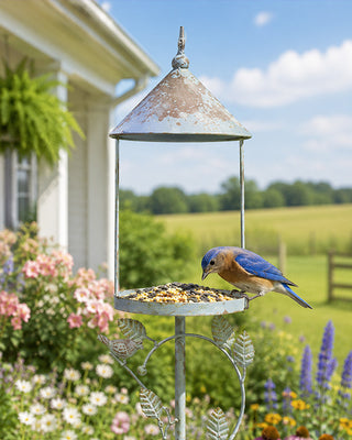 Outdoor Blue Metal Bird Feeder Stake