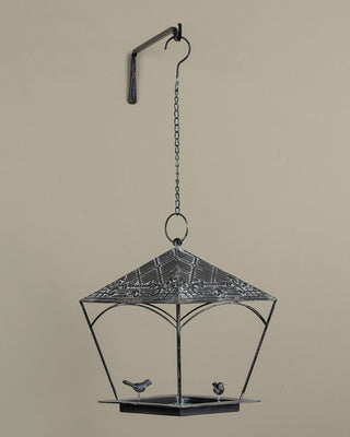 Aged Black Metal Hanging Bird Feeder with Two Sculpted Birds