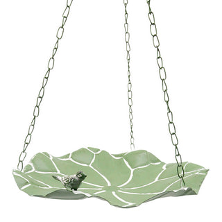 Distressed green leaf bird feeder showing organic shape and hanging chains