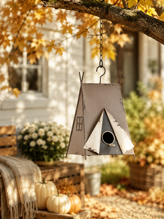 Cottage-Inspired Tan Tent Wood Functional Birdhouse