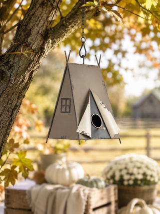 Cottage-Inspired Tan Tent Wood Functional Birdhouse