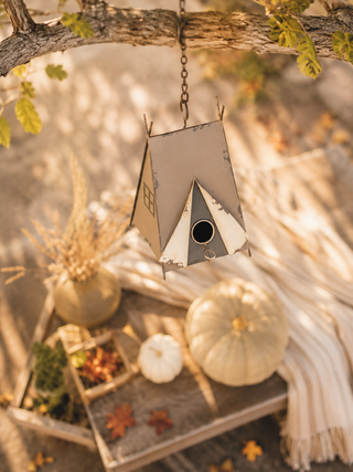 Cottage-Inspired Tan Tent Wood Functional Birdhouse