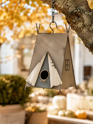 Cottage-Inspired Tan Tent Wood Functional Birdhouse