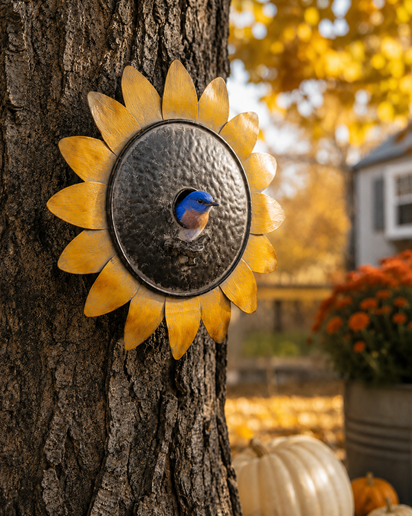 Metal Sunflower Wall Birdhouse with Clean-Out