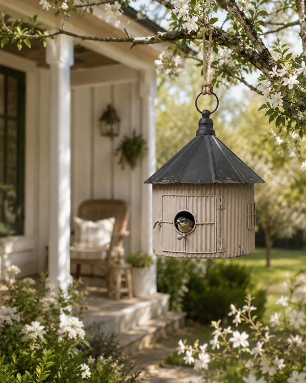 Black and Tan Round Metal Functional Birdhouse
