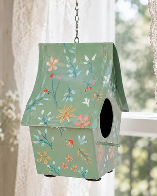 Hand-painted Green Metal Birdhouse - Decorative Garden Wall Accent