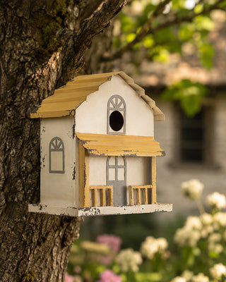 Functional Cream and Yellow Metal Wall Birdhouse Outdoor Garden Bird Decor