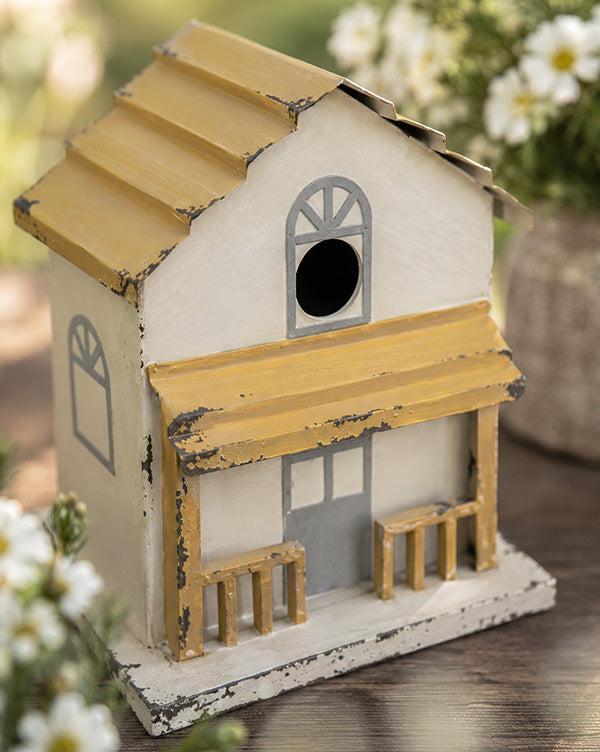 Functional Cream and Yellow Metal Wall Birdhouse Outdoor Garden Bird Decor