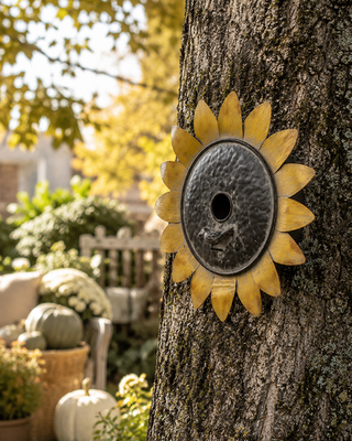 Metal Sunflower Wall Birdhouse with Clean-Out
