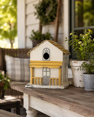 Functional Cream and Yellow Metal Wall Birdhouse Outdoor Garden Bird Decor