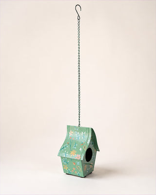 Hand-painted Green Metal Birdhouse - Decorative Garden Wall Accent