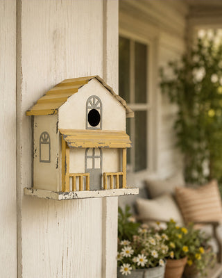 Functional Cream and Yellow Metal Wall Birdhouse Outdoor Garden Bird Decor