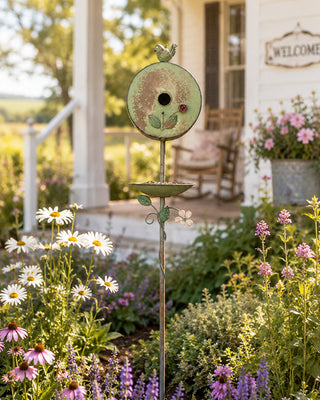 Green Metal Birdhouse Feeder Garden Stake