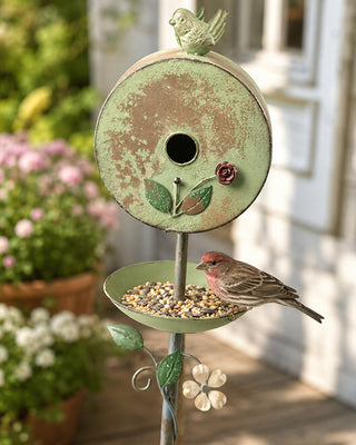 Green Metal Birdhouse Feeder Garden Stake
