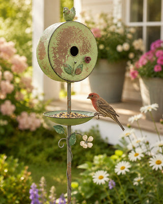 Green Metal Birdhouse Feeder Garden Stake