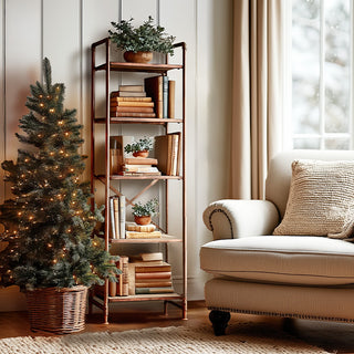 Rustic metal bookshelf in cozy holiday living room